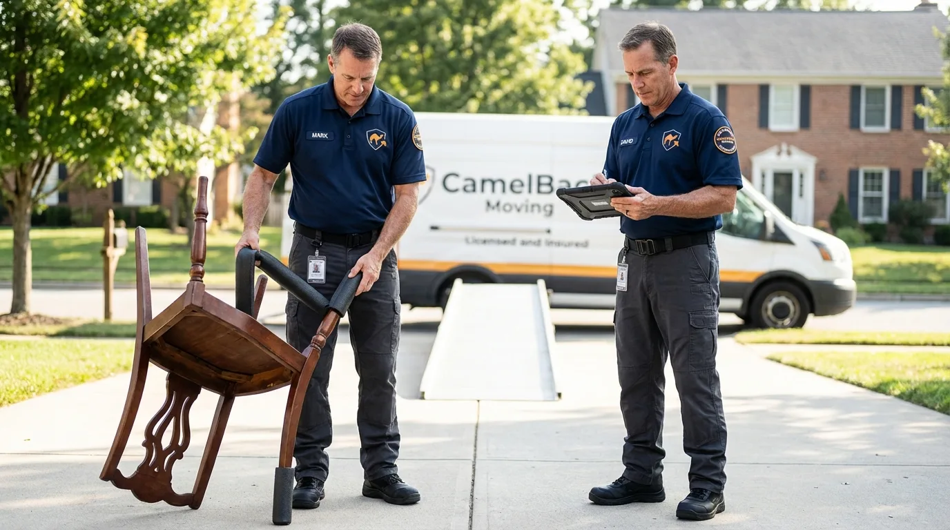 Movers inspecting furniture for damage prevention before loading in Boiling Springs, SC