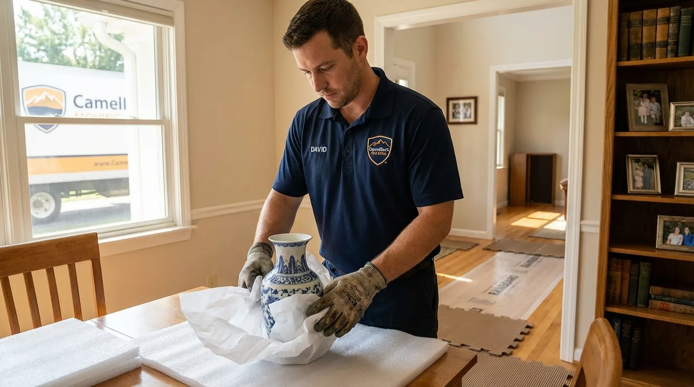 Professional crew carefully wrapping antique vase for senior downsizing move in Boiling Springs, SC